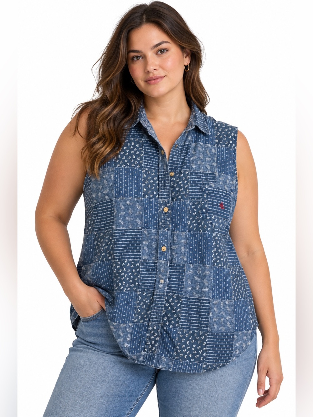 Lauren Ralph Lauren 2X Blue Patchwork Bandana Sleeveless Button Down Top
